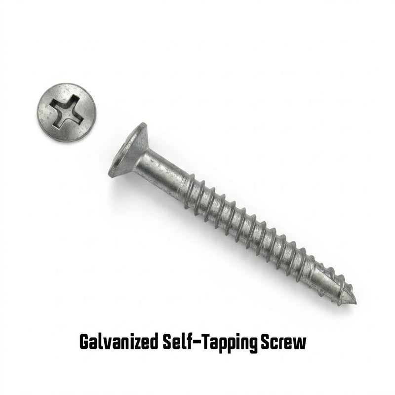 An American Muscle Docks & Fabrication Self-Tapping P-Head Deck Screw with a Phillips flat head is displayed next to its detached head on a white background, ideal for lumber-to-steel connections.