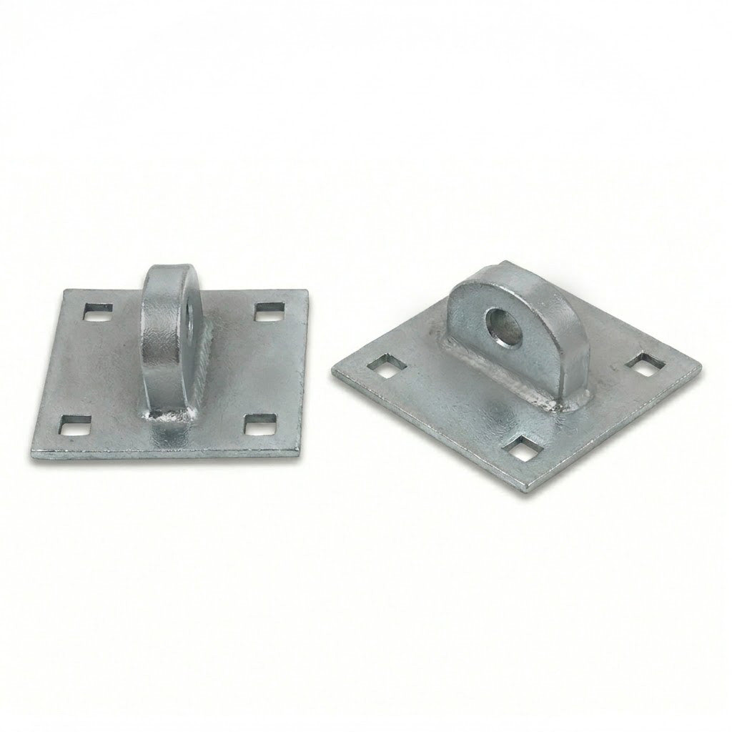 The American Muscle Docks & Fabrication Wood Dock Single T Male features two galvanized mounting plates with raised brackets, a central hole, and four corner holes for screws—perfect as dock hardware or for use with a dock connector.