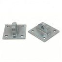 The American Muscle Docks & Fabrication Wood Dock Single T Male features two galvanized mounting plates with raised brackets, a central hole, and four corner holes for screws—perfect as dock hardware or for use with a dock connector.