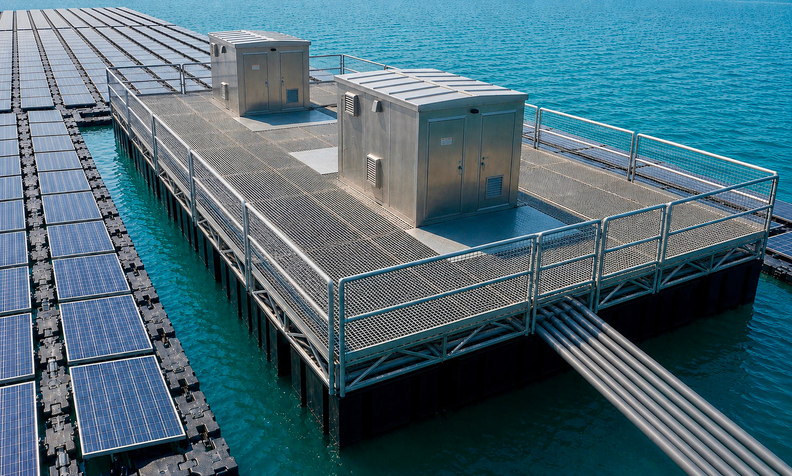 Floating solar panels and two metallic utility enclosures are positioned on a floating dock in the middle of a body of water under clear skies.