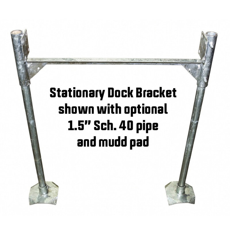 American Muscle Docks & Fabrication Stationary Dock Bracket with two vertical pipes and flat base plates, shown with optional 1.5 Schedule 40 pipe and mud pad; text overlay highlights bracket components and pipe holder features.