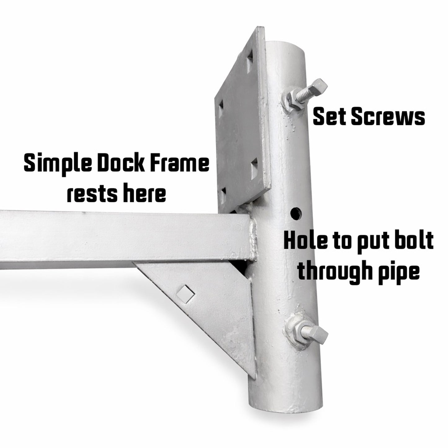 The American Muscle Docks & Fabrication Stationary Dock Bracket has labeled set screws, a bolt hole through the pipe holder, and a designated area for the dock frame to rest.