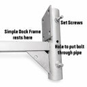 The American Muscle Docks & Fabrication Stationary Dock Bracket has labeled set screws, a bolt hole through the pipe holder, and a designated area for the dock frame to rest.