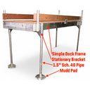 Close-up of a metal dock frame featuring the American Muscle Docks & Fabrication Stationary Dock Bracket, 1.5” Schedule 40 pipe, and mud pad with labeled parts.
