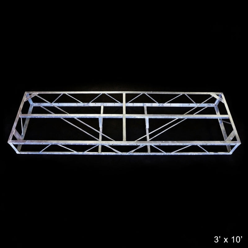 The Truss Frames by American Muscle Docks & Fabrication feature a rectangular steel frame with cross-bracing, sized 3 feet by 10 feet and shown on a black background—perfect for dock frames and built for lasting quality.