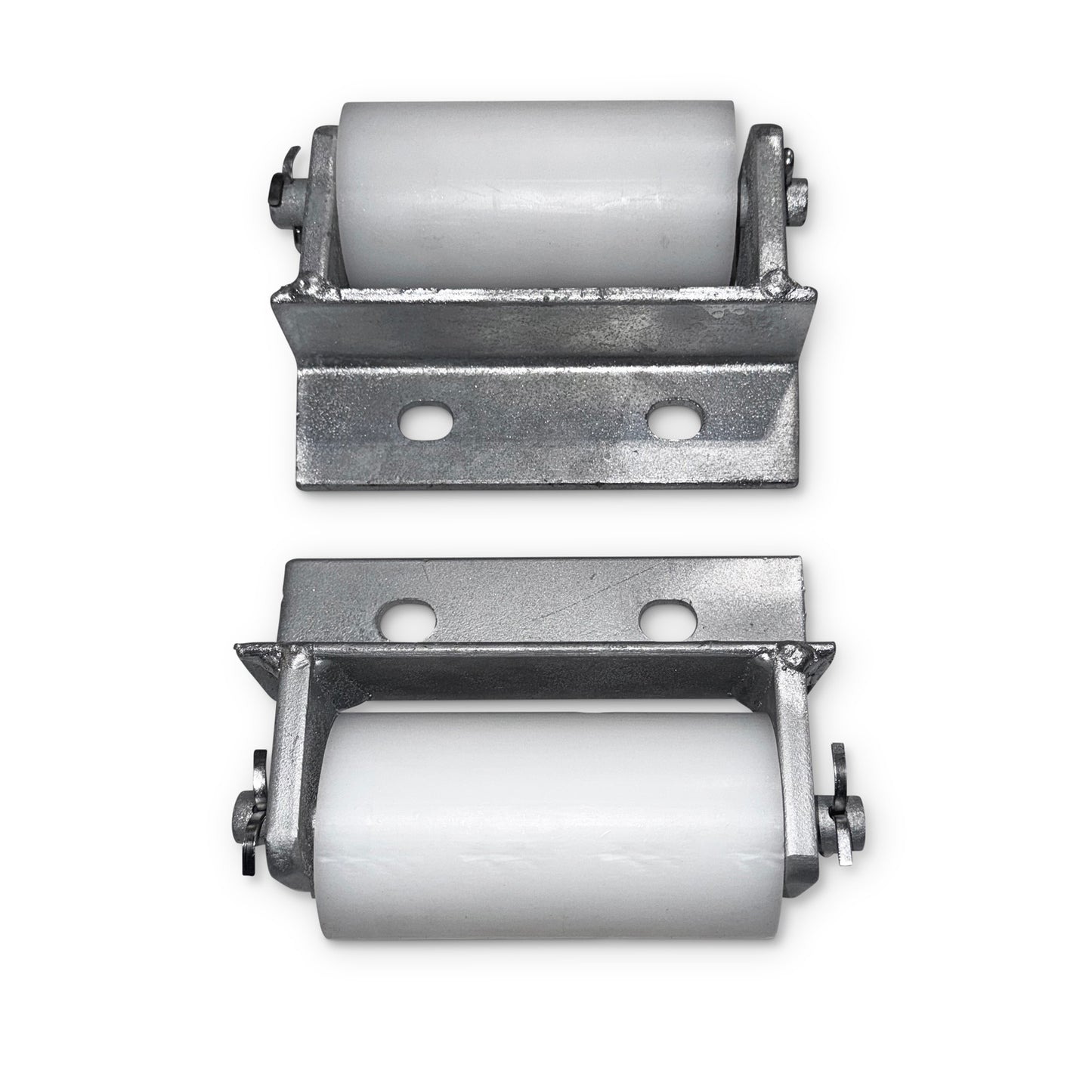 Two metal brackets with white UHMW rollers from American Muscle Docks & Fabrication’s Steel Truss Dock Ramp Roller Kit, shown on a white background. Perfect for ramp roller kits or steel truss dock use.