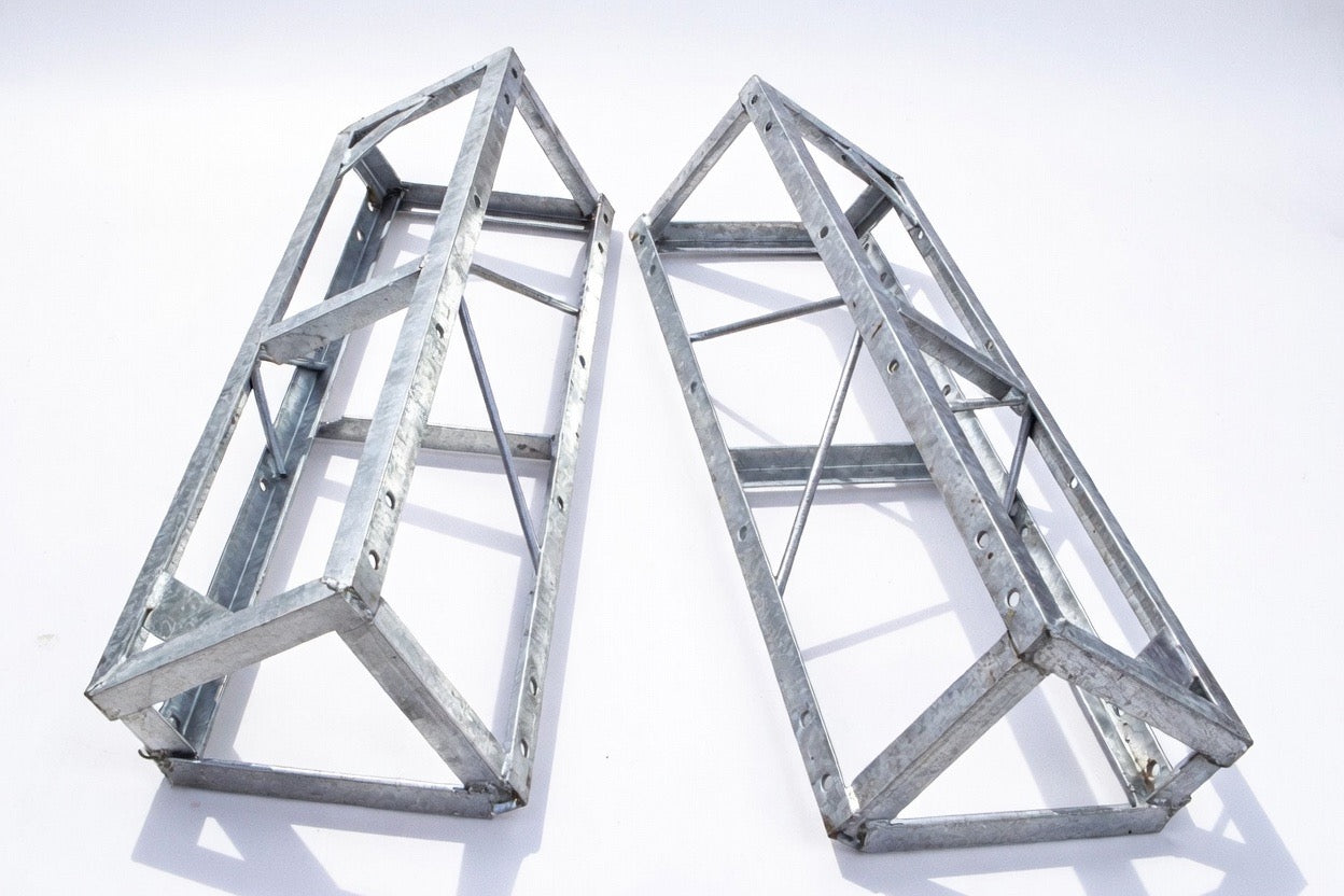 Two American Muscle Docks & Fabrication Steel Truss Dock Taper Truss Hinge Connectors, each with galvanized steel triangular and rectangular frames, are positioned parallel on a white background.