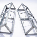 Two American Muscle Docks & Fabrication Steel Truss Dock Taper Truss Hinge Connectors, each with galvanized steel triangular and rectangular frames, are positioned parallel on a white background.