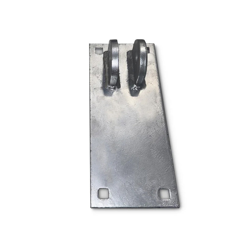 Steel Truss Dock Hinge Connector Plate - Female rectangular metal plate with two protruding top hinge loops and three square bolt holes.
