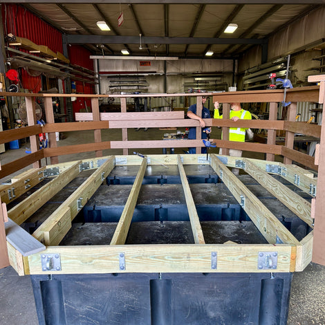 Custom octagon wood frame floating dock built by American Muscle Docks