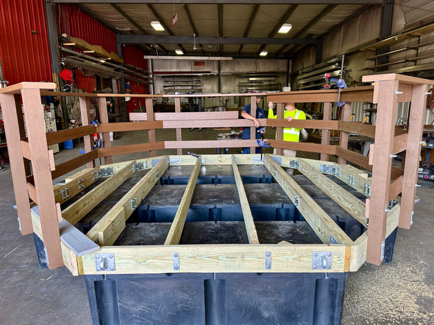 Custom octagon wood frame floating dock built by American Muscle Docks