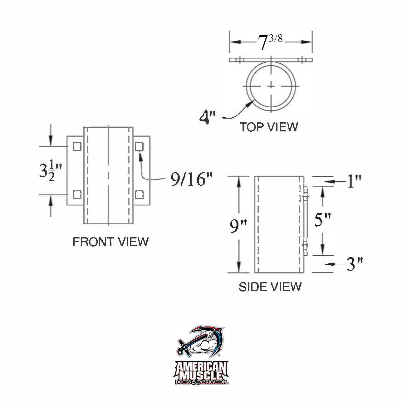 Technical drawing displaying top, front, and side views of a cylindrical object with labeled dimensions; illustrates specifications for the Wood Dock Pipe Holder - 4 inch and heavy-duty pipe support. Features the American Muscle Docks & Fabrication logo at the bottom.